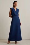 Vestido de trabajo maxi con cuello redondo y vaina azul marino