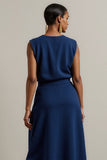 Vestido de trabajo maxi con cuello redondo y vaina azul marino