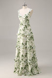 Corsé de flores verdes Un vestido de dama de honor de línea con volantes