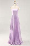 Vestido largo de dama de honor plisado lila lila una línea