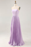 Vestido largo de dama de honor plisado lila lila una línea