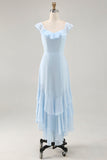 Vestido de dama de honor de línea A con volantes en azul cielo