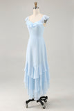 Vestido de dama de honor de línea A con volantes en azul cielo