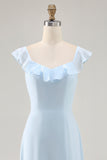 Vestido de dama de honor de línea A con volantes en azul cielo
