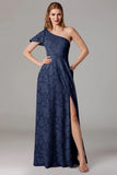 Vestido de dama de honor de un hombro azul empolvado de una línea con abertura