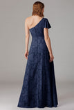 Vestido de dama de honor de un hombro azul empolvado de una línea con abertura