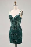 Vestido de regreso a casa con corsé transparente sin espalda en verde oscuro con lentejuelas