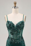 Vestido de regreso a casa con corsé transparente sin espalda en verde oscuro con lentejuelas