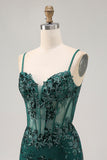 Vestido de regreso a casa con corsé transparente sin espalda en verde oscuro con lentejuelas
