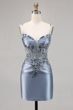 Vestido de regreso a casa con corsé de cuentas azul grisáceo con apliques