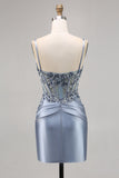 Vestido de regreso a casa con corsé de cuentas azul grisáceo con apliques
