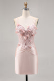 Corsé de satén rosa Bodycon Vestido de regreso a casa con apliques
