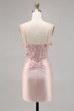 Corsé de satén rosa Bodycon Vestido de regreso a casa con apliques