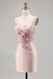 Corsé de satén rosa Bodycon Vestido de regreso a casa con apliques