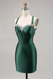 Corsé Satén Bodycon Verde Oscuro Vestido de Regreso a Casa