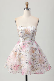 Vestido corto de regreso a casa floral sin tirantes brillante de una línea con lentejuelas
