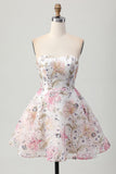 Vestido corto de regreso a casa floral sin tirantes brillante de una línea con lentejuelas