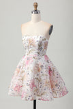 Vestido corto de regreso a casa floral sin tirantes brillante de una línea con lentejuelas
