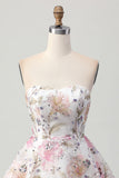 Vestido corto de regreso a casa floral sin tirantes brillante de una línea con lentejuelas