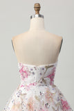 Vestido corto de regreso a casa floral sin tirantes brillante de una línea con lentejuelas