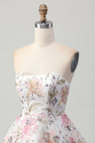 Vestido corto de regreso a casa floral sin tirantes brillante de una línea con lentejuelas