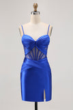Corsé transparente azul real plisado ajustado vestido de regreso a casa con abertura