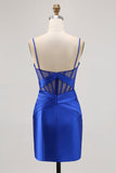Corsé transparente azul real plisado ajustado vestido de regreso a casa con abertura