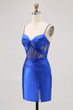 Corsé transparente azul real plisado ajustado vestido de regreso a casa con abertura