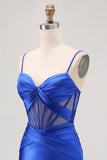 Corsé transparente azul real plisado ajustado vestido de regreso a casa con abertura