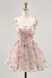 Vestido corto de regreso a casa con lentejuelas de cuello cuadrado floral brillante de una línea con cordones en la espalda