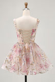Vestido corto de regreso a casa con lentejuelas de cuello cuadrado floral brillante de una línea con cordones en la espalda