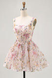 Vestido corto de regreso a casa con lentejuelas de cuello cuadrado floral brillante de una línea con cordones en la espalda