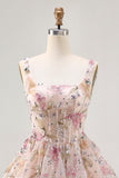 Vestido corto de regreso a casa con lentejuelas de cuello cuadrado floral brillante de una línea con cordones en la espalda
