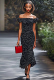 Vestido Sirena Con Hombros Descubiertos Negro Blanco Lunares