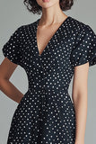 A Line Vestido Con Escote En V Negro Blanco De Lunares Con Manga Corta