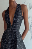 A Line Halter Cuello En V Mini Negro Blanco Vestido De Lunares