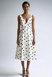 A Line Vestido Midi Con Cuello En V Blanco Negro Lunares
