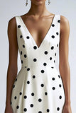 A Line Vestido Midi Con Cuello En V Blanco Negro Lunares