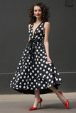 Negro Blanco Vestido de lunares con escote en V