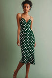 Verde Blanco Tirantes Spaghetti Vaina Vestido Midi de Lunares