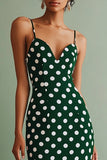 Verde Blanco Tirantes Spaghetti Vaina Vestido Midi de Lunares