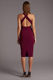 Vestido formal midi con cuello cruzado y cuello cruzado en color burdeos