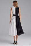 Vestido formal midi de gasa de línea A con cuello barco negro