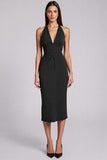 Vestido formal midi halter con abertura en color burdeos