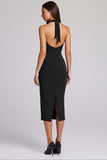 Vestido formal midi halter con abertura en color burdeos