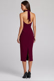 Vestido formal midi halter con abertura en color burdeos