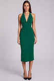 Vestido formal midi halter con abertura en color burdeos