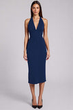 Vestido formal midi halter con abertura en color burdeos