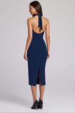 Vestido formal midi halter con abertura en color burdeos