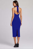 Vestido formal midi halter con abertura en color burdeos